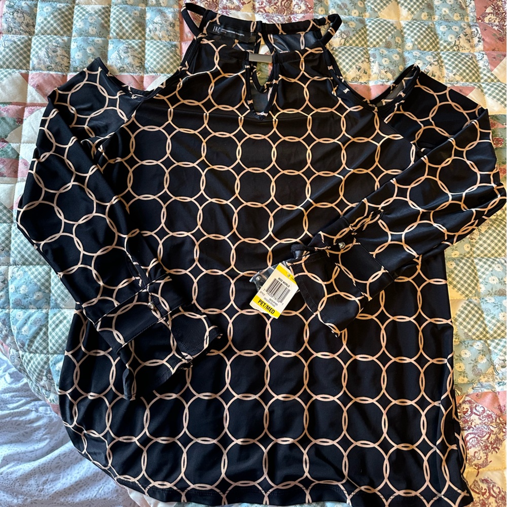 INC International Concepts Black and Tan Circle Pattern Blouse